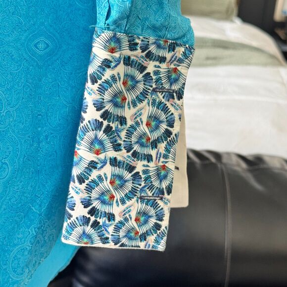 AXXESS Men’s Shirt Large Turquoise Paisley Long Sleeve Button-Up Contrast Collar - Picture 9 of 12